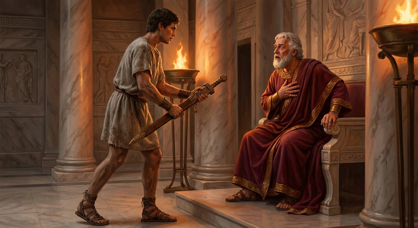 Theseus presenting a distinctive ancient Greek sword and worn travel sandals to King Aegeus in a marble palace hall, Aegeus startled and emotional as recognition hits, warm torchlight reflecting on bronze and white stone, cinematic painterly realism