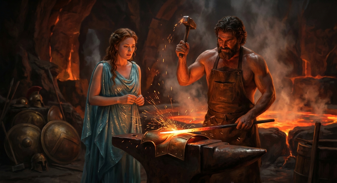 Thetis the sea goddess standing beside Hephaestus in a glowing volcanic forge as he hammers Achilles’ new armor, sparks flying, bronze and gold reflections on their faces, cinematic painterly realism