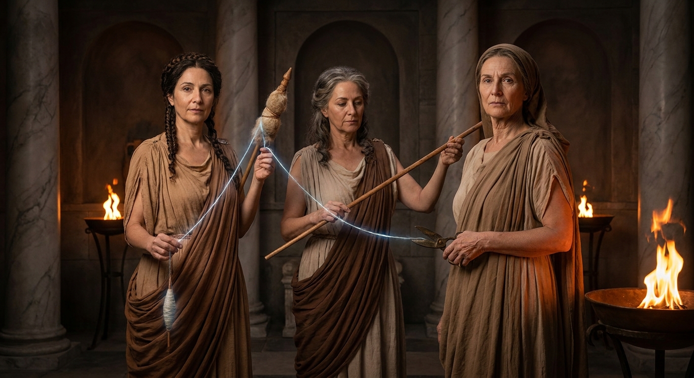 Three adult women, the Fates, in a shadowed marble chamber: Clotho spinning luminous thread, Lachesis measuring it with calm precision, Atropos holding bronze scissors poised to cut; their faces serene and merciless, torchlight and underworld gloom, cinematic painterly realism