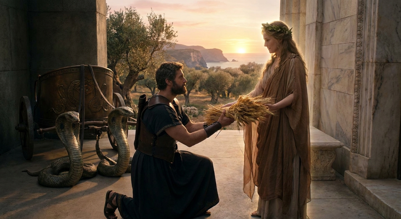Triptolemus, an adult hero in Greek robes, receiving sheaves of wheat from Demeter beside a marble temple, with a bronze chariot harnessed to large serpents behind him, dawn light over olive groves, cinematic fantasy realism
