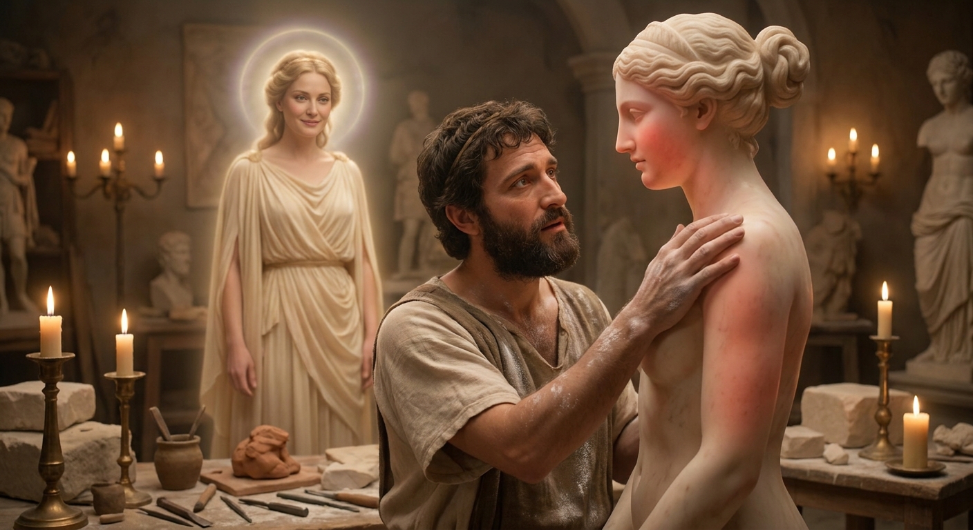 Venus as an adult goddess with a soft divine glow, standing in an ivory-lit sculptor’s chamber as Pygmalion touches a lifelike statue that is beginning to warm and blush into living skin, scattered marble dust and candles, intimate cinematic realism