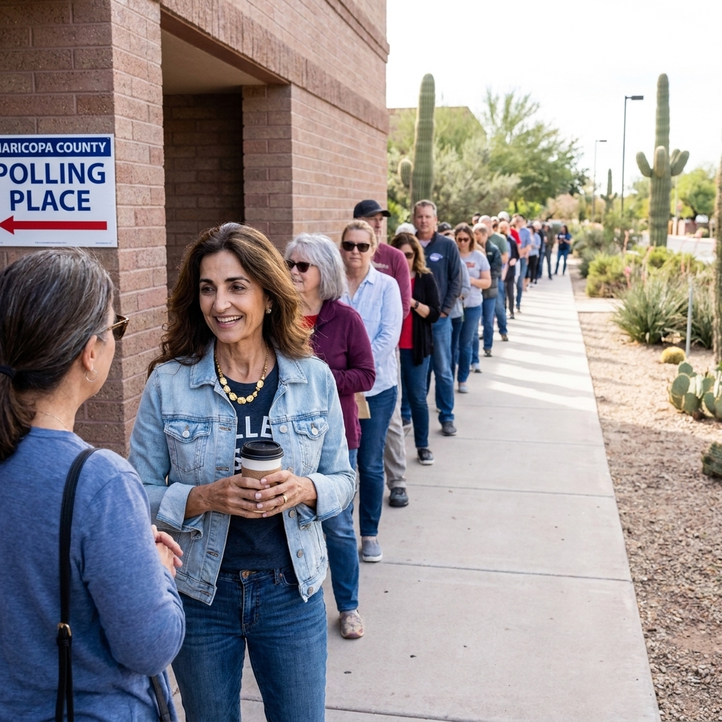 Voters standing in a long line outside a polling place in Maricopa County during the November 2022 midterm election, documentary photo style