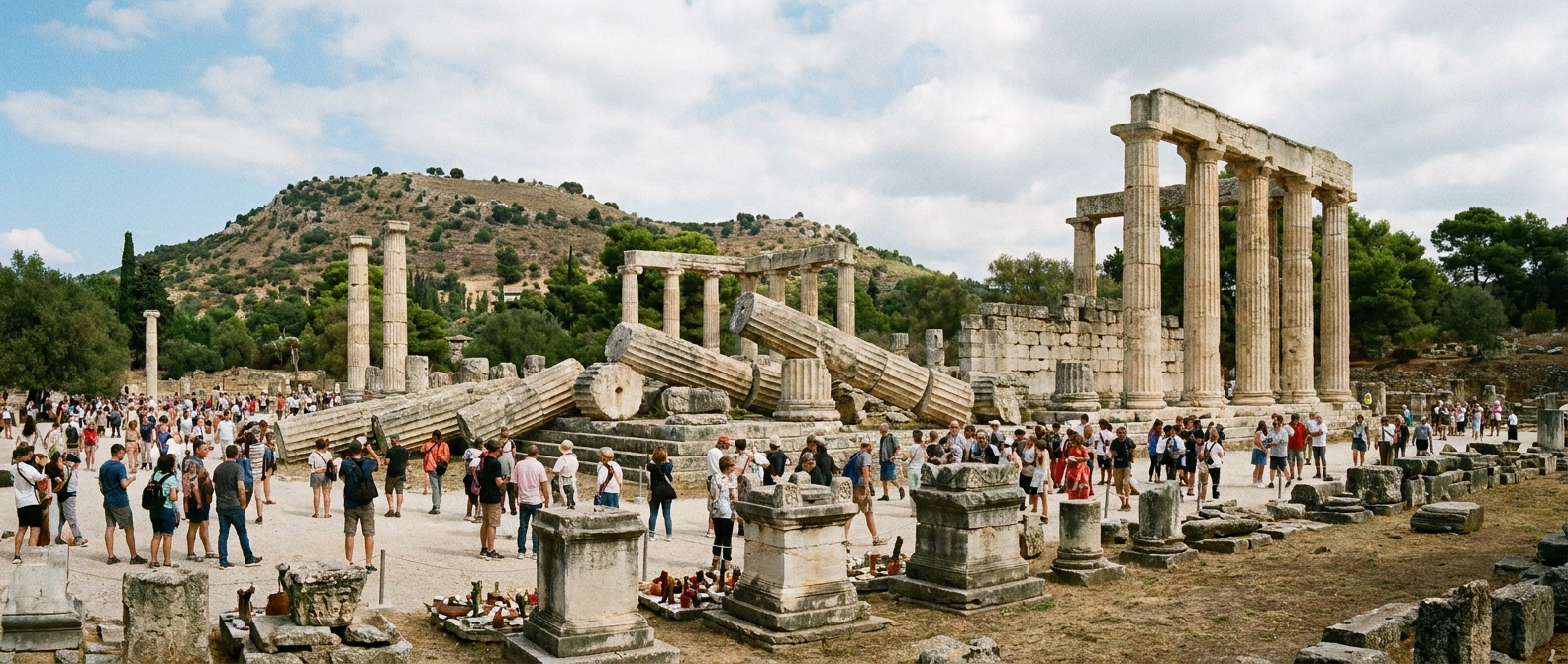 Wide view of the Temple of Zeus at Olympia or its ruins, with a clear sense of scale and sacred setting for public worship.