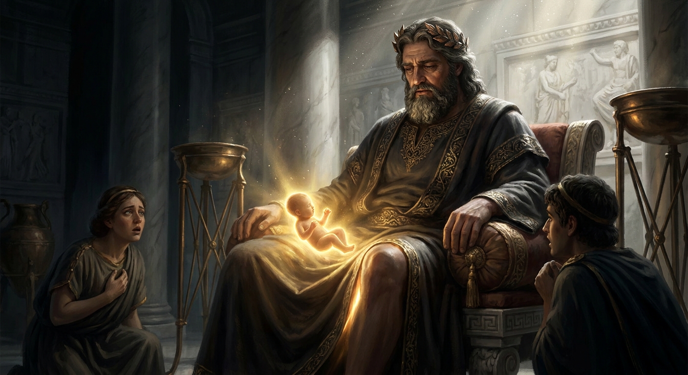 Zeus, adult and powerful, seated in a marble chamber on Olympus as a glowing infant Dionysus is born from an opened seam on Zeus’s thigh, divine light spilling onto bronze and white stone, solemn cinematic realism
