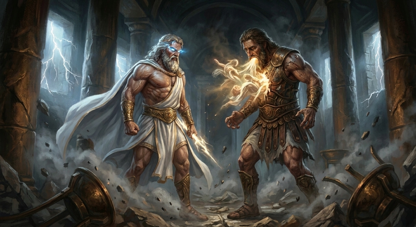 Zeus, an adult god with storm-bright eyes and a white cloak, confronting Cronus as the Titan disgorges the swallowed gods in a shattered marble-and-bronze hall, lightning glow cutting through smoke, cinematic realism, no text