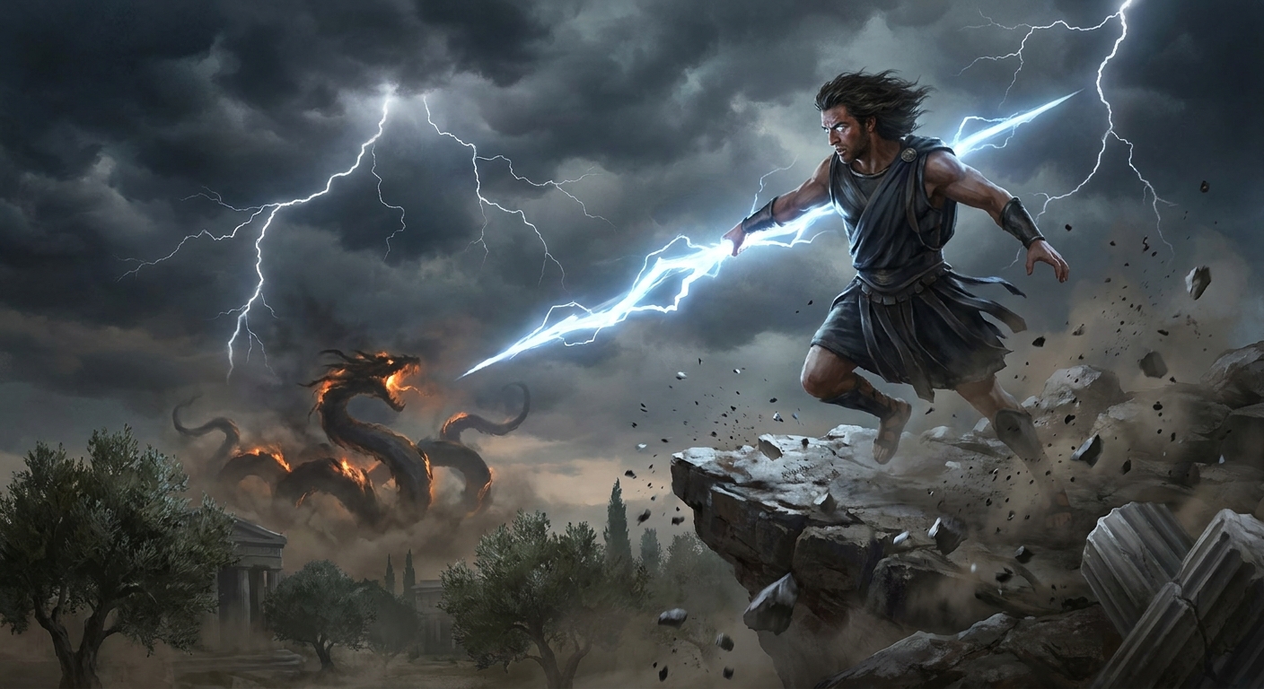 Zeus, an athletic adult man with storm-lit eyes and wind-tossed dark hair, hurling a blazing thunderbolt from a rocky height toward Typhon’s coiling serpentine mass, lightning branching across black clouds, marble fragments and ash in the air, epic cinematic painterly realism