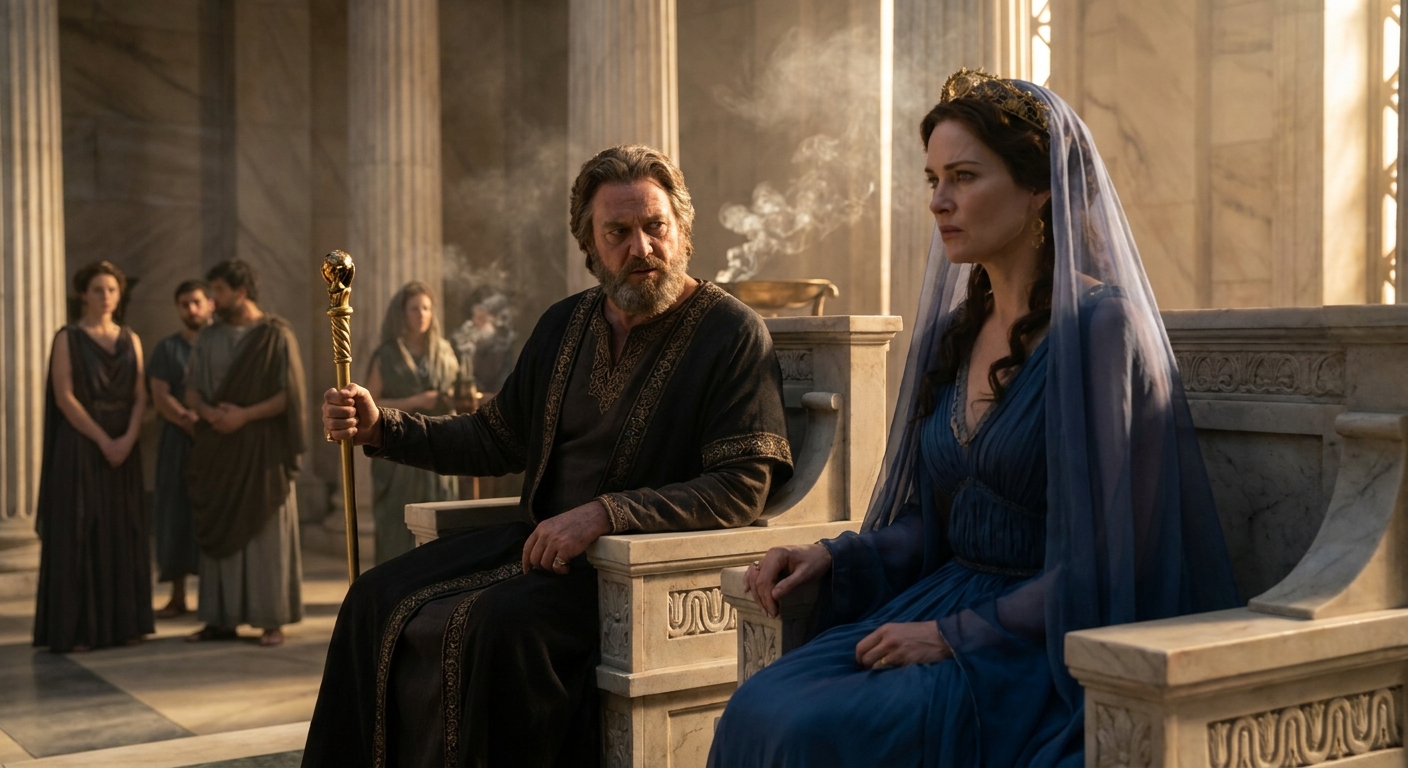 Zeus and Hera as adult deities enthroned on Olympus in a marble hall with golden light and temple smoke, Hera wearing a regal veil and diadem, Zeus holding a scepter, tense political atmosphere, cinematic shallow depth of field