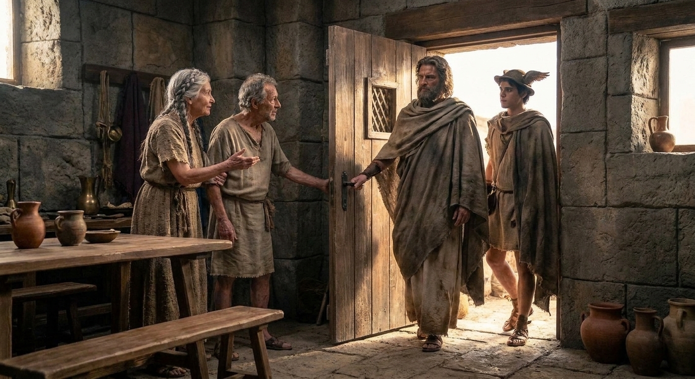 Zeus and Hermes, disguised as weary travelers, stand at the threshold of Philemon and Baucis’s small home as the elderly couple welcomes them inside.