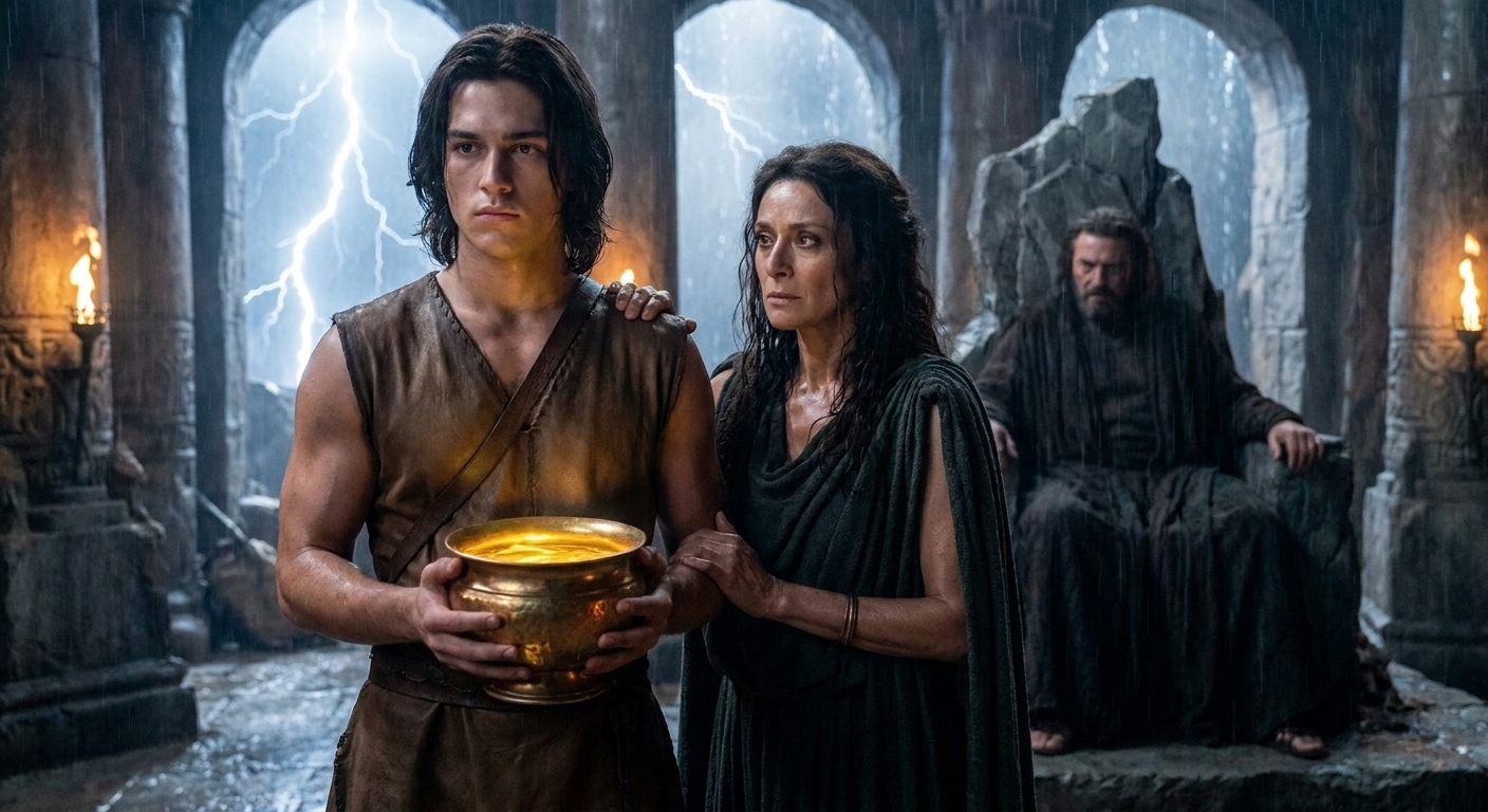 Zeus as a young god holding a glowing potion vessel while Metis stands beside him with focused, calculating calm, Cronus looming in the background in a storm-lit palace, cinematic tension and mythic realism