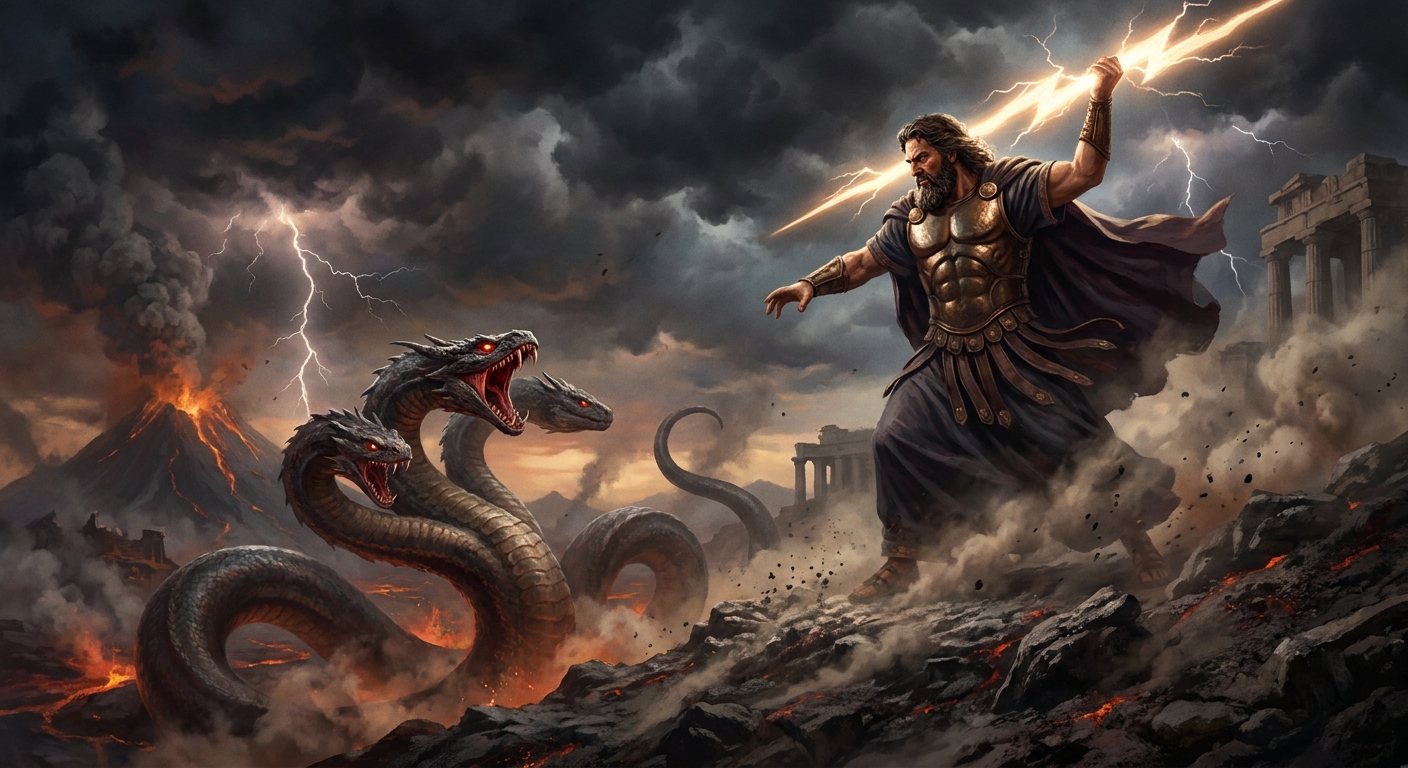 Zeus as an adult god hurling a blazing thunderbolt at Typhon, a massive serpentine storm monster rising from a volcanic landscape, ash and lightning filling the sky, painterly cinematic realism, prestige fantasy film still