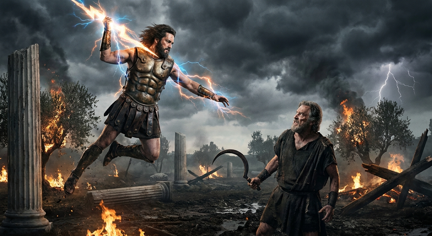 Zeus as an adult god with wind-tossed hair and bronze armor hurling a blazing thunderbolt toward Cronus, an adult Titan king wielding a curved sickle; battlefield of shattered marble and burning forests under a storm-black sky, epic cinematic realism