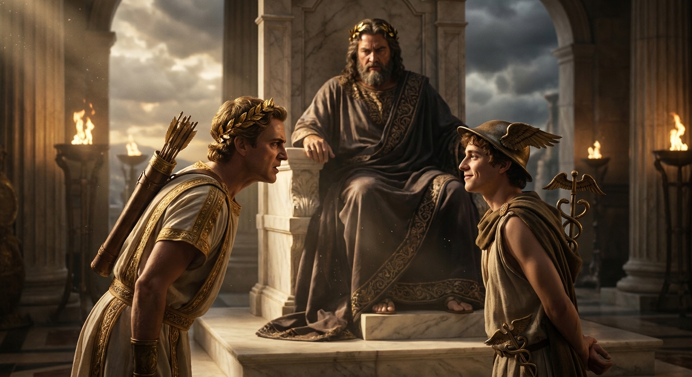 Zeus enthroned in a marble-bright Olympian hall as Apollo confronts Hermes, who looks small and innocent but sly, divine tension in their faces, gold light and storm shadows, cinematic myth realism