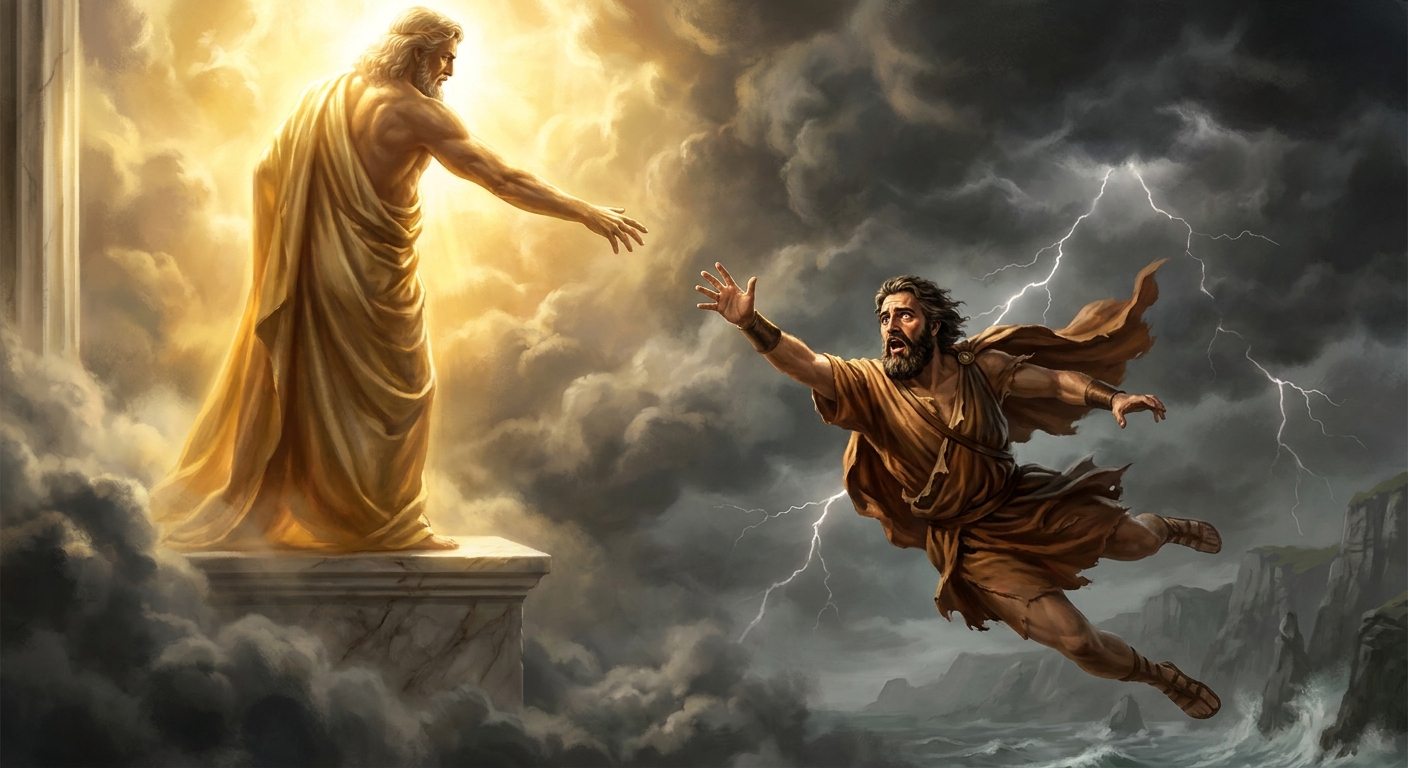 Zeus in towering golden light hurls Hephaestus from the edge of Olympus as Hephaestus falls through storm clouds with torn drapery and a look of shock and betrayal, dramatic cinematic realism