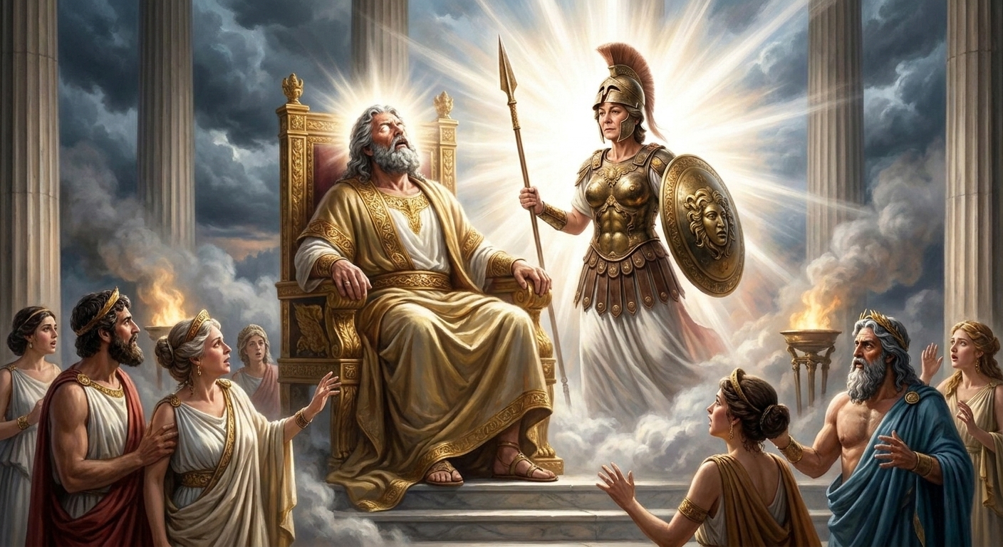 Zeus seated on a golden throne in an Olympian marble hall as his head is split open and Athena emerges fully armored with spear and shield, gods recoiling in awe, dramatic divine light and temple smoke, cinematic painterly realism