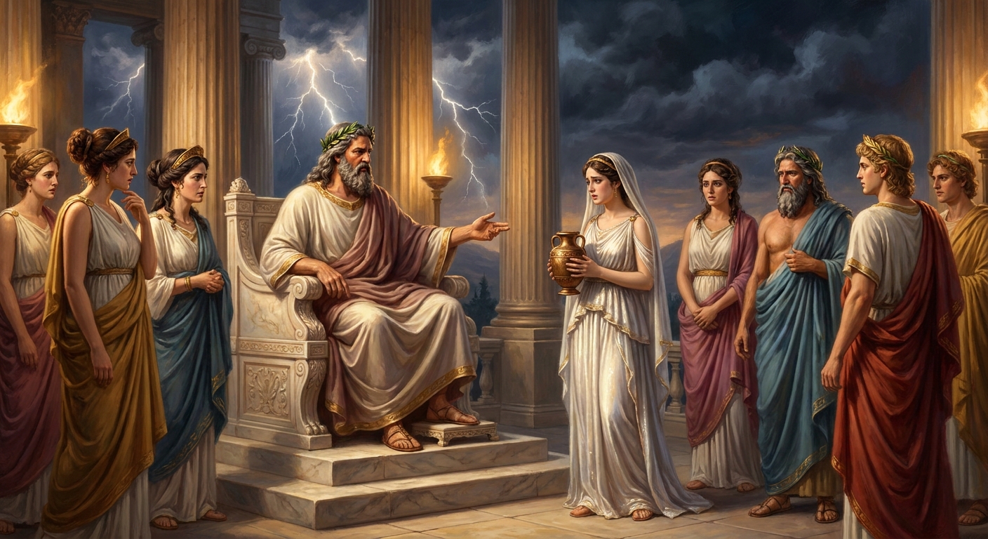 Zeus seated on a marble throne beneath stormlit columns, presenting Pandora in a flowing peplos like a ceremonial offering, other gods watching in tense theatrical silence, cinematic painterly realism