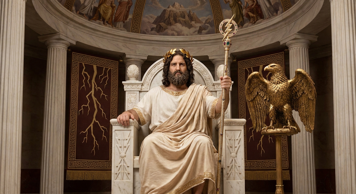 Zeus seated on a throne holding a scepter, with an eagle nearby and lightning motifs, emphasizing authority and kingship symbolism.