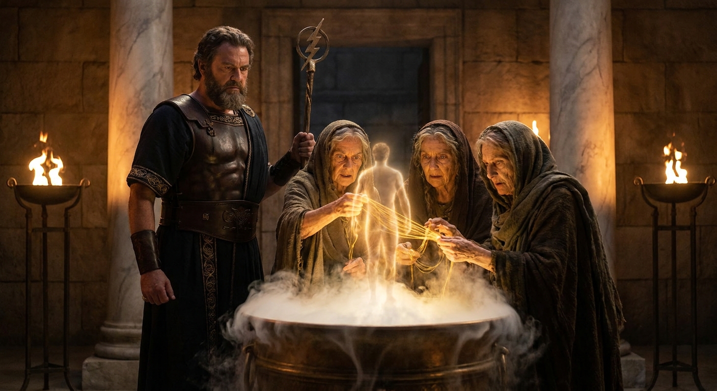 Zeus stands with stern authority in a firelit hall while the three Fates gather around a steaming bronze cauldron, drawing Pelops upward as if rewoven from vapor and light, sacred glow against marble and bronze, cinematic mythic realism