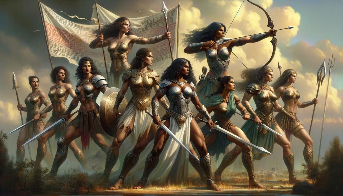 A band of fearsome Amazon warrior women in ancient Greek armor, engaging in battle and equaling or besting male warriors.