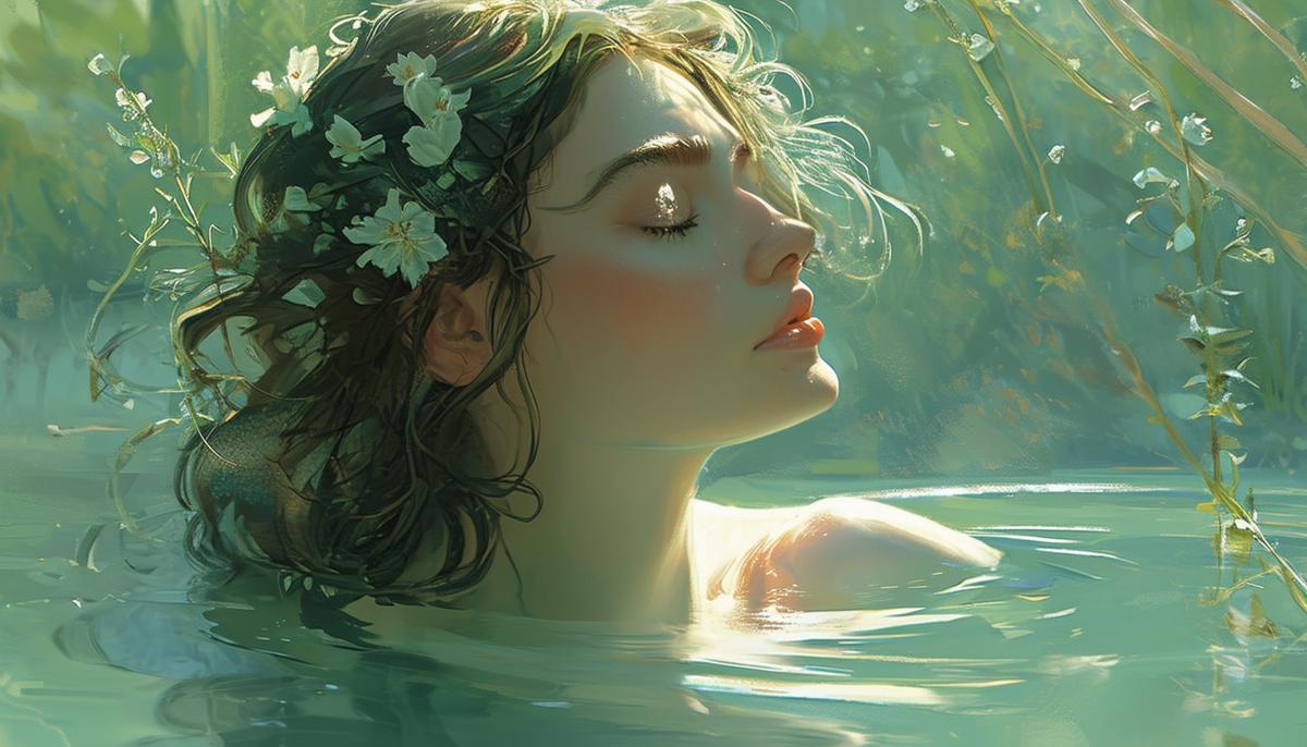 A beautiful and vain water nymph, Salmacis, admiring her own reflection in a clear spring