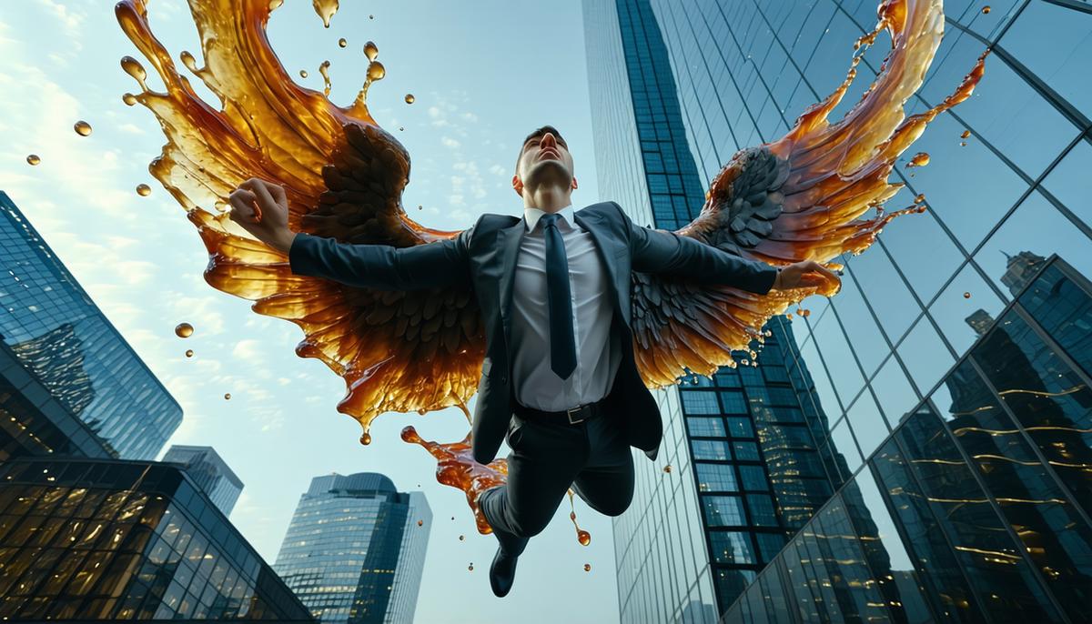 A businessman with melting wax wings plummeting past skyscrapers