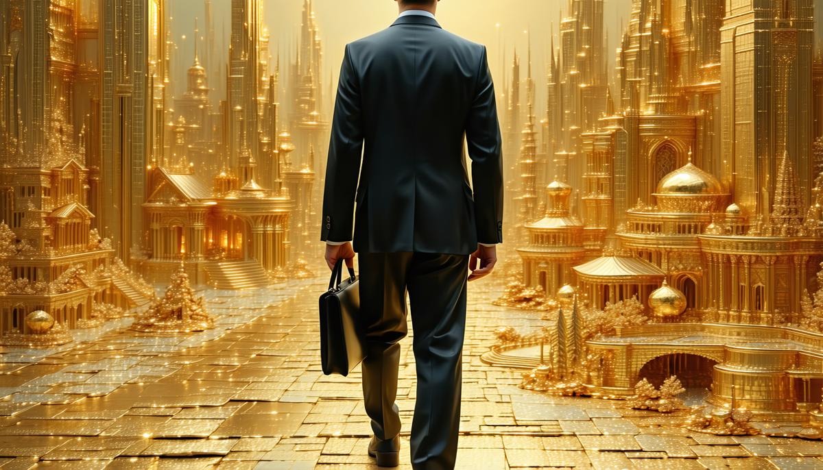 A businessman with the Midas touch turning a cityscape into gold