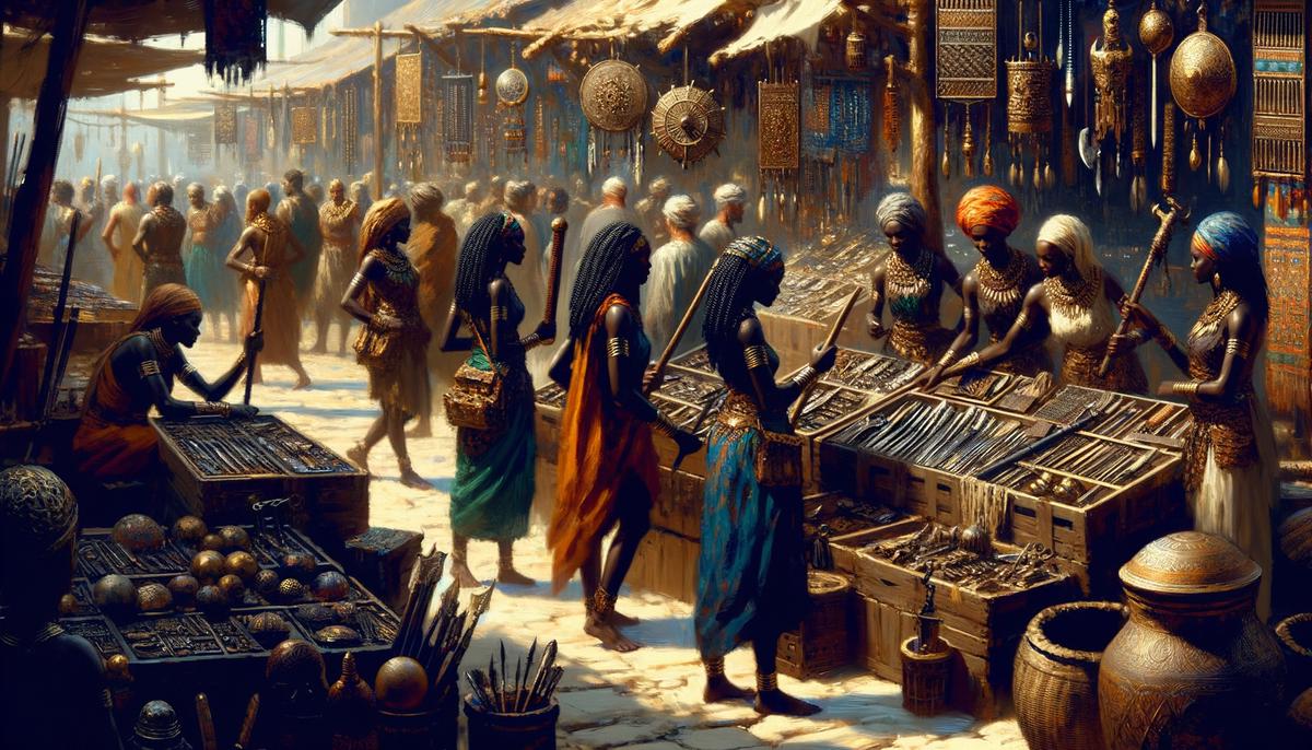 A bustling marketplace in Pantariste with Amazonian warriors buying and selling weapons and armor