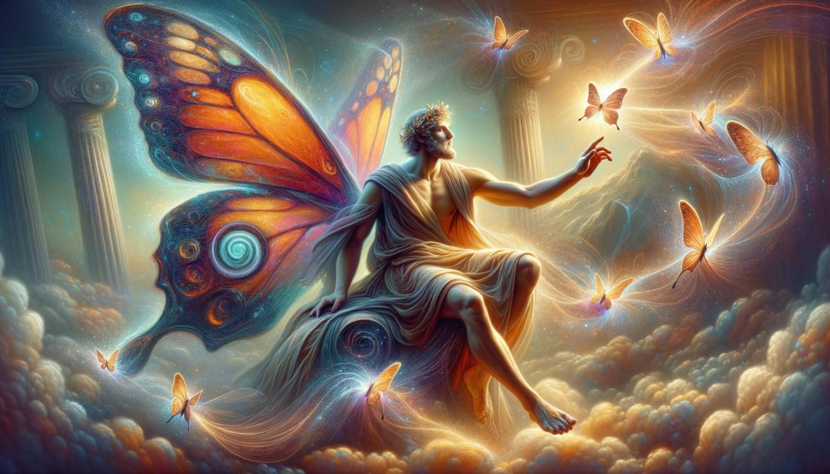 A captivating digital painting of Morpheus, the Greek god of dreams, using his butterfly wings to move through a dreamscape, crafting vivid human-form dreams and narratives.