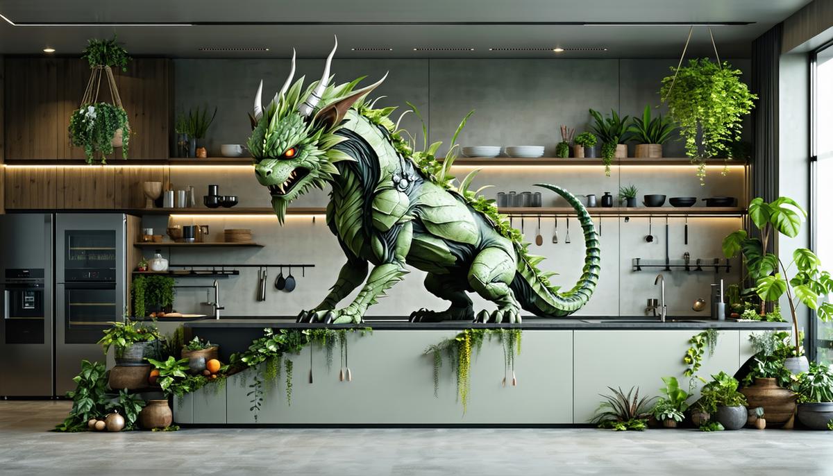 A Chimera creature blending domestic and wild elements in a modern kitchen setting