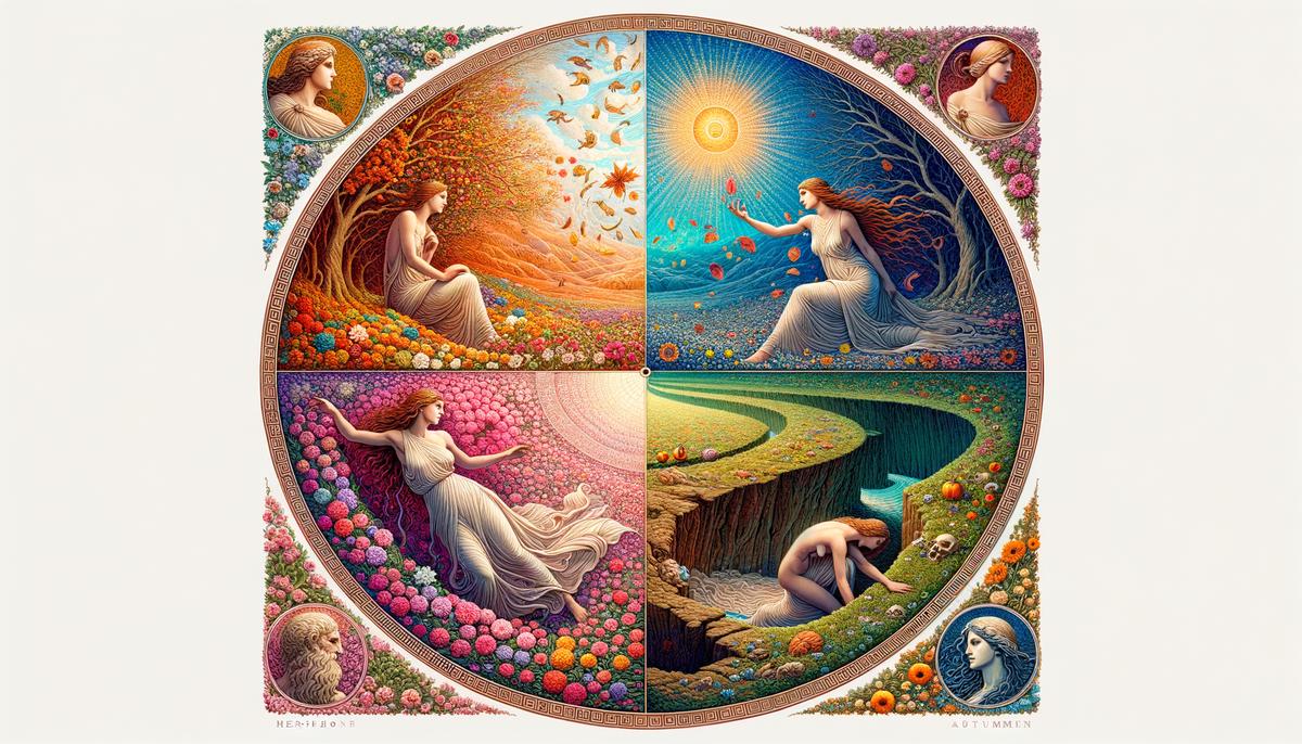 A circular illustration depicting Persephone's journey through the seasons, from spring flowers to winter's barren landscape