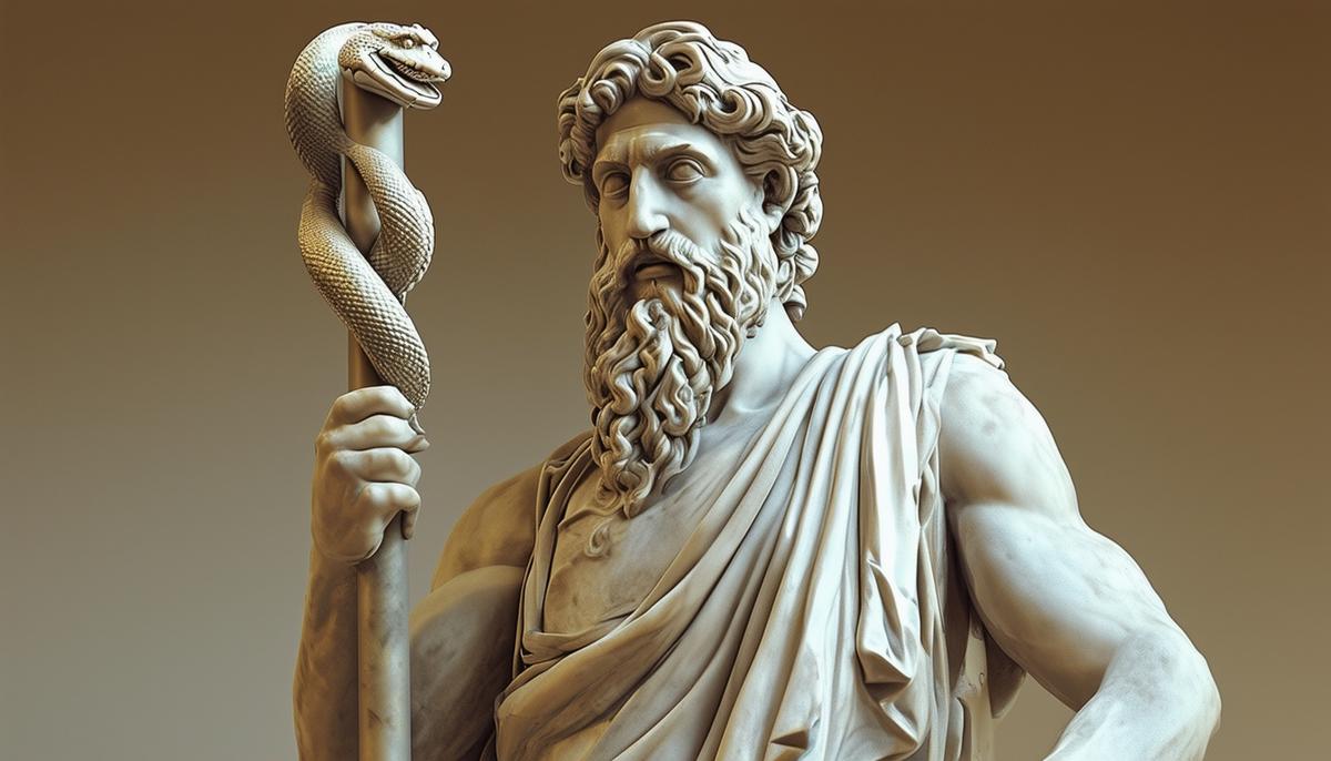 A classical Greek statue of Asclepius, showing him as a wise and benevolent healer with his serpent-entwined staff
