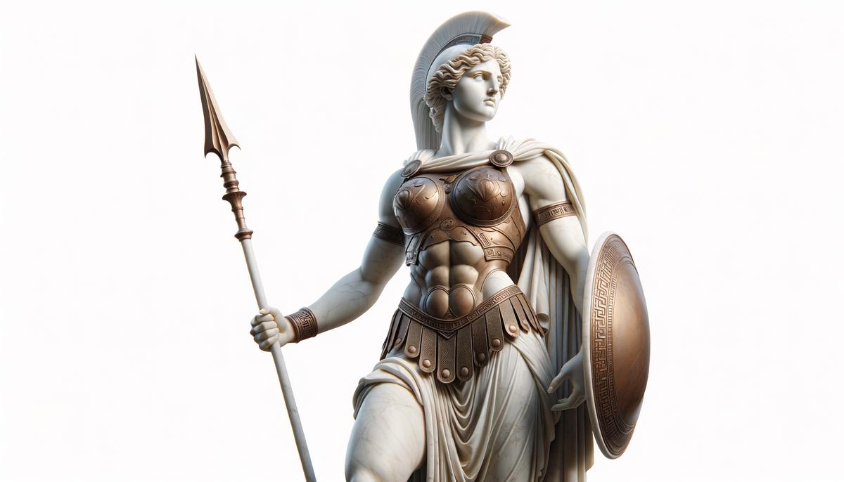 A classical Greek-style marble statue depicting Iphito as a strong, noble Amazonian warrior
