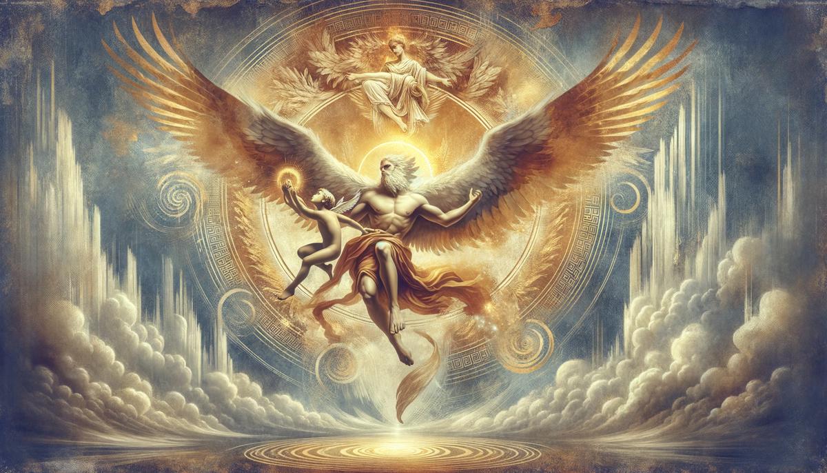A classical painting style image of Zeus as an eagle carrying Ganymede to Mount Olympus