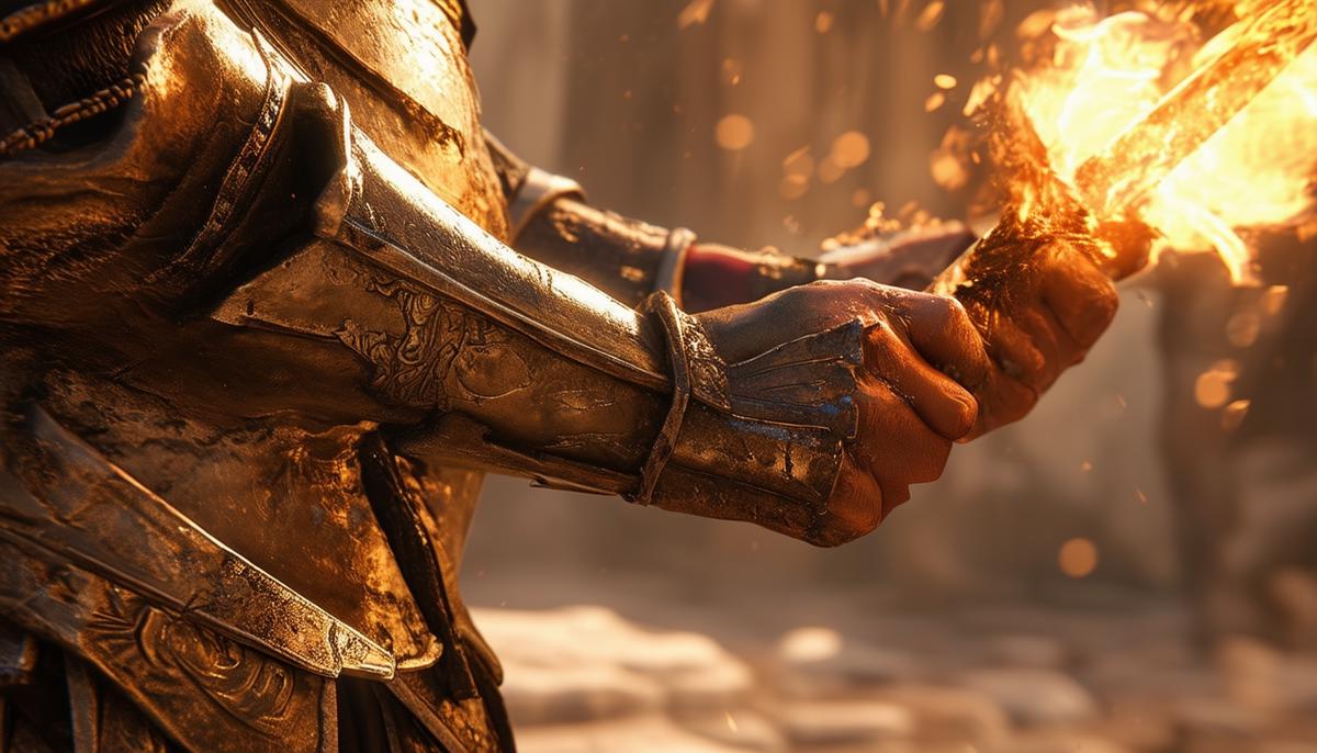 A close-up of a warrior's hands equipping Pegasos Set armor and selecting weapons with fire damage, preparing to face the Erymanthian Boar