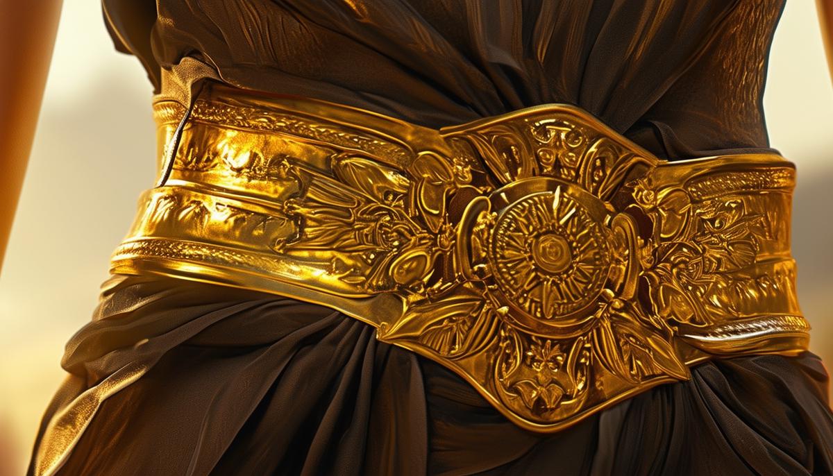 A close-up view of Hippolyta's ornate golden girdle, a divine gift from Ares symbolizing her power and protection