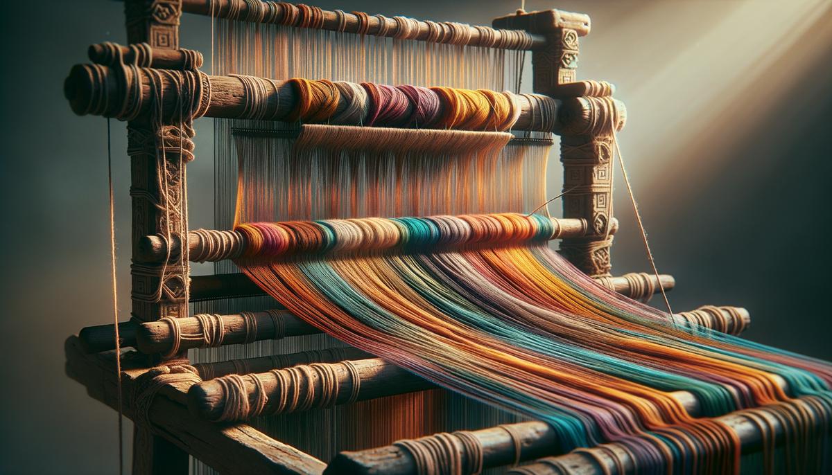 A close-up view of Penelope's loom with colorful threads representing the threads of fate