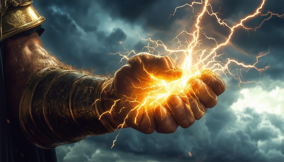 A close-up view of Zeus' hand gripping a powerful, crackling thunderbolt against a stormy sky, symbolizing his dominance as the god of the sky and his role as the enforcer of law and order on Mount Olympus.