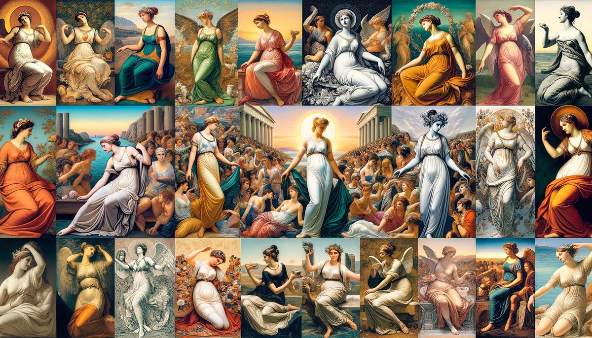 A collage featuring various classical art depictions of the Three Graces, showcasing their timeless beauty and the way artists have portrayed them throughout history.