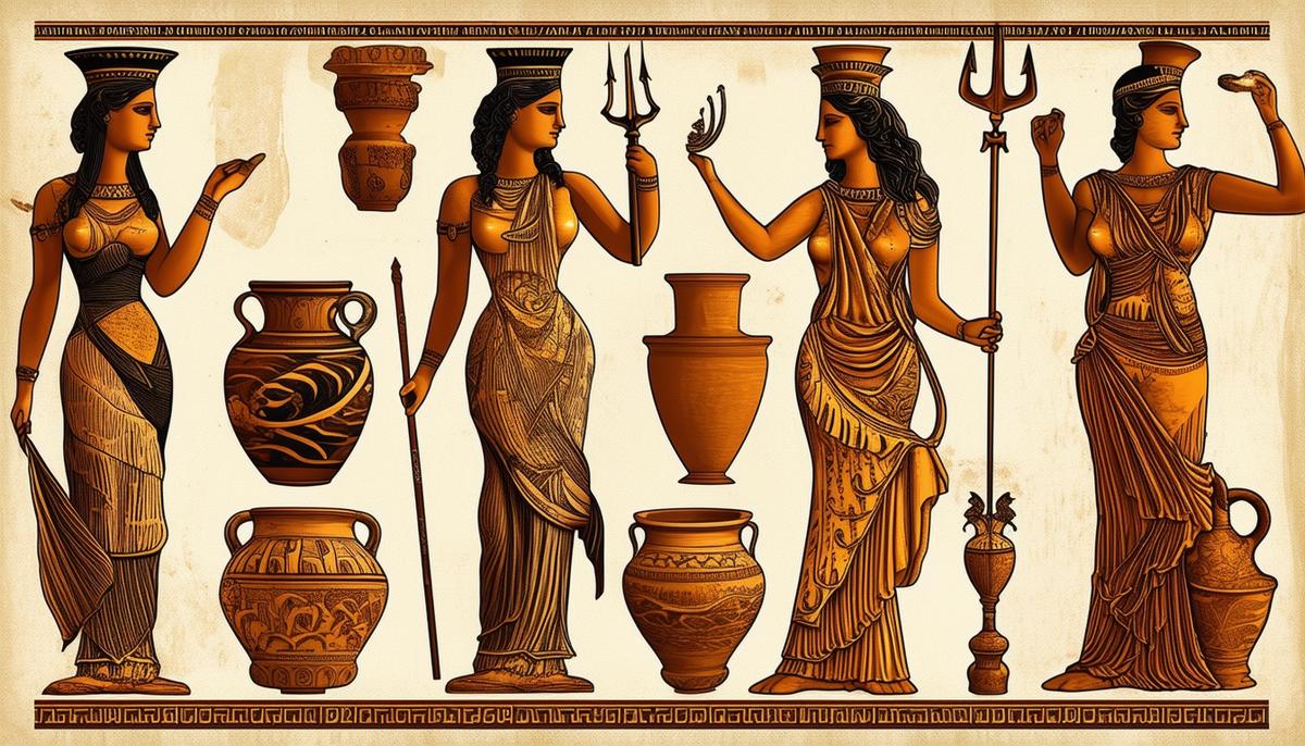A collage of ancient Greek amphoras and pottery featuring artistic representations of Ececheira. The goddess is depicted with wave-like motifs, often holding a trident and standing alongside other sea deities. The artwork showcases the evolution of her iconography over time.