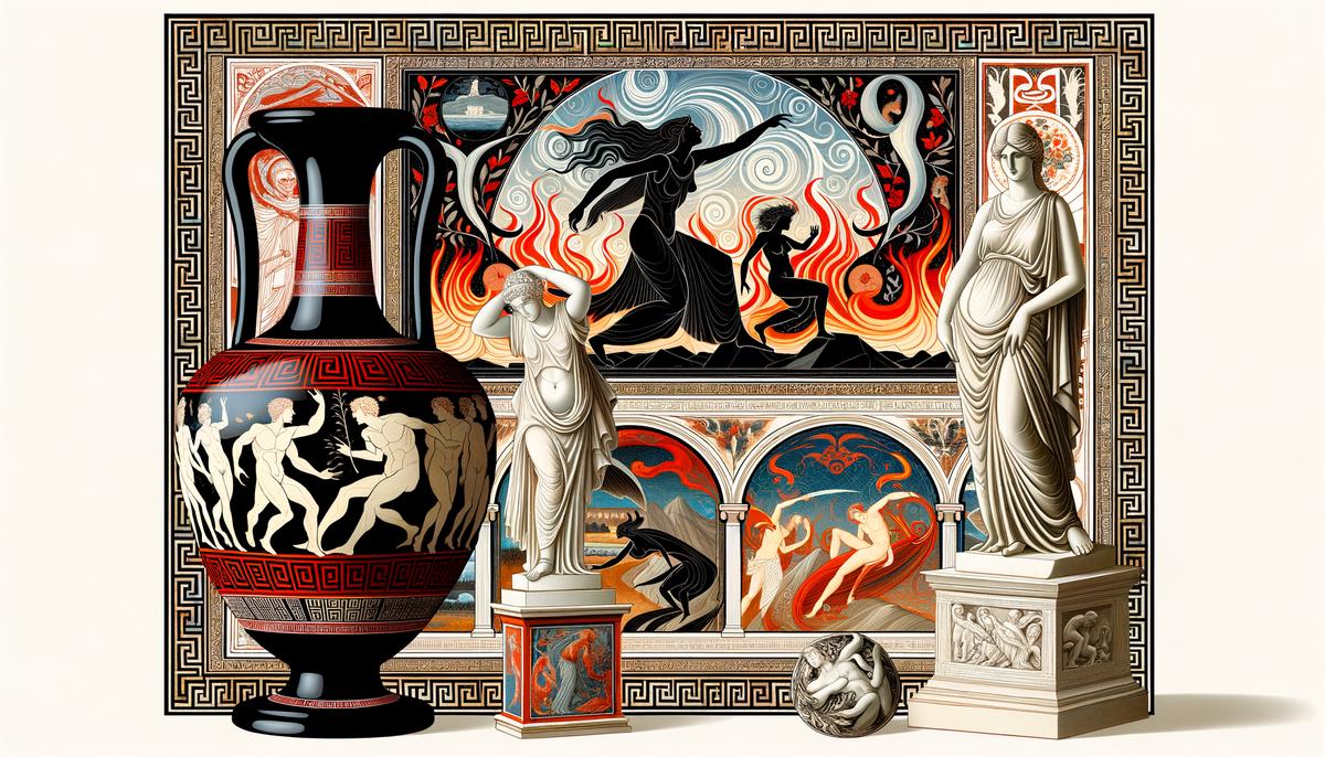 A collage of Greek art inspired by the Hades and Persephone myth, including pottery, sculpture, and painting