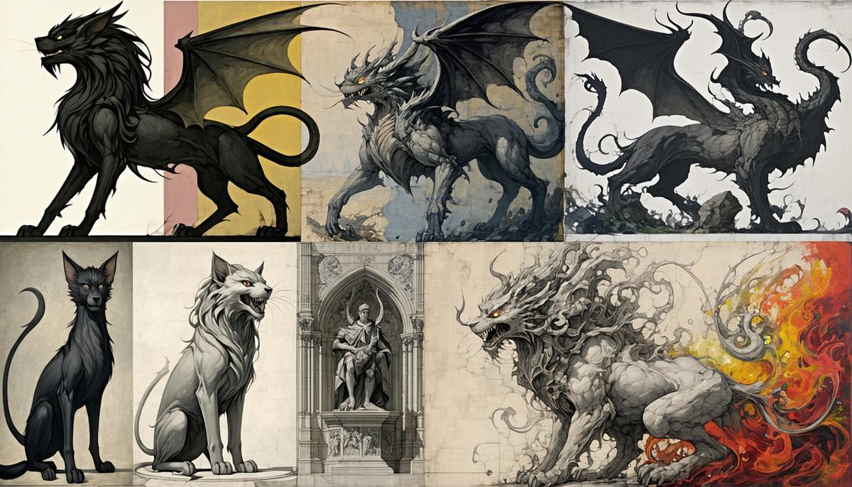 A collage of modern interpretations of the Chimera in various media