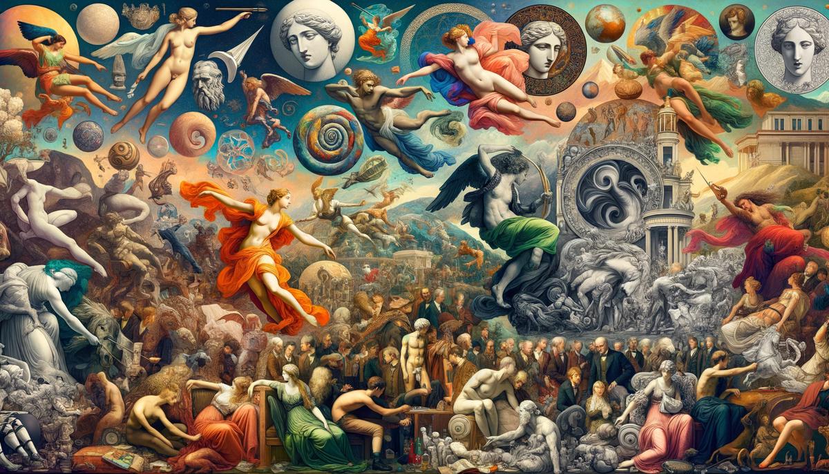 A collage of various modern artworks inspired by the myth of Philoctetes, including paintings, sculptures, theatrical performances, and film stills. The images showcase the enduring cultural impact of Philoctetes' story across different mediums and eras.