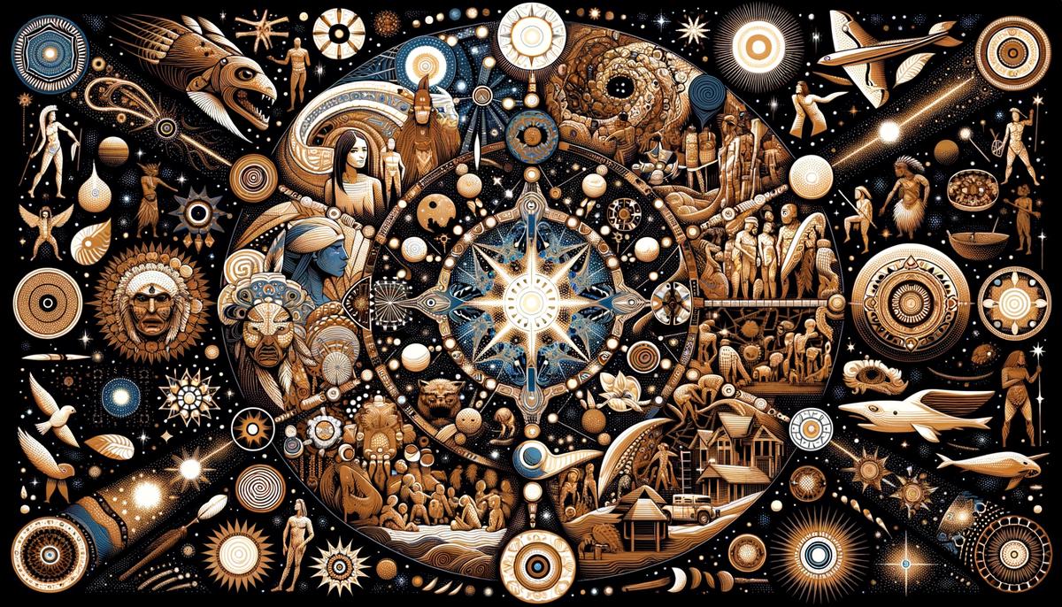 A collage or montage representing the cultural impact of the Pleiades star cluster across various civilizations, including Native American, Maori, Ancient Greek, Japanese, Aboriginal Australian, and African cultures.