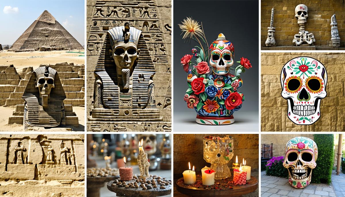 A collage showcasing different cultural approaches to death, including Egyptian pyramids, Mexican Day of the Dead celebrations, and Japanese ancestral altars