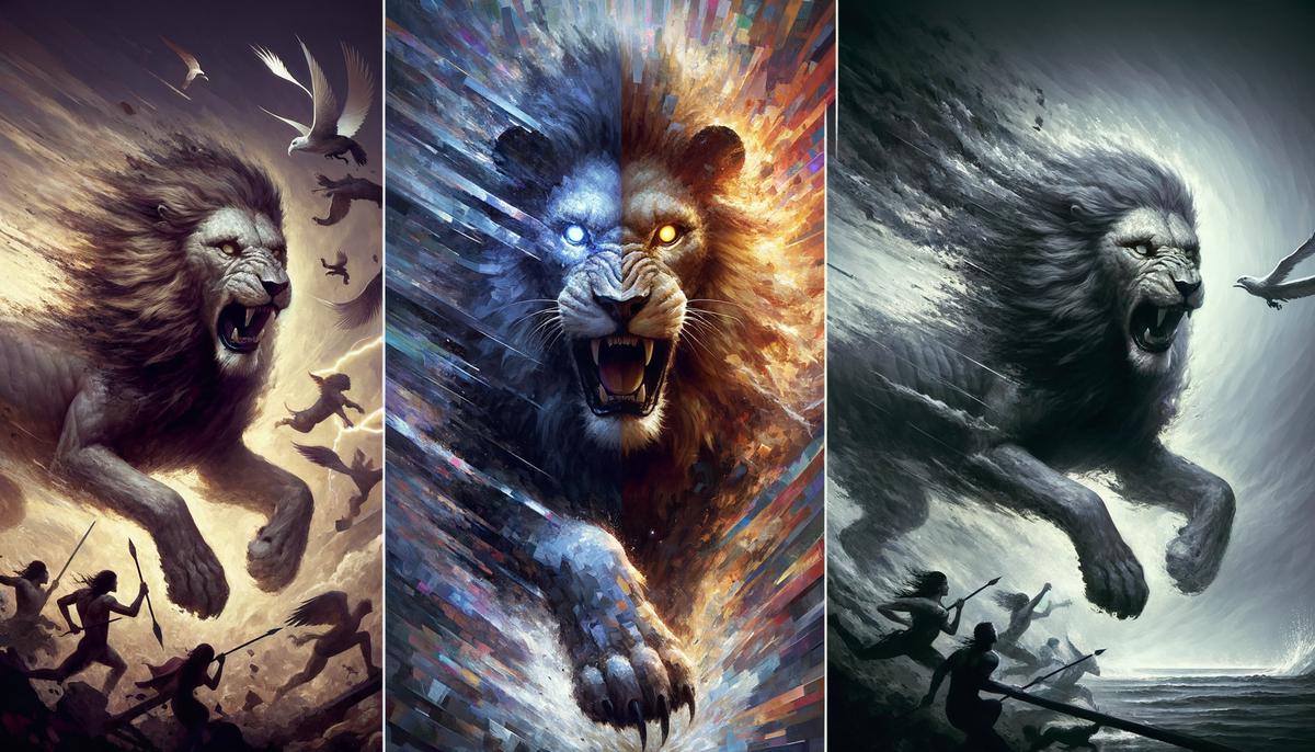 A collage showing the Nemean Lion in various modern media, including video games, movies, and literature