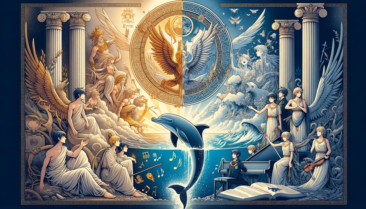 A collage showing various modern adaptations of the Arion myth, including art, literature, and media