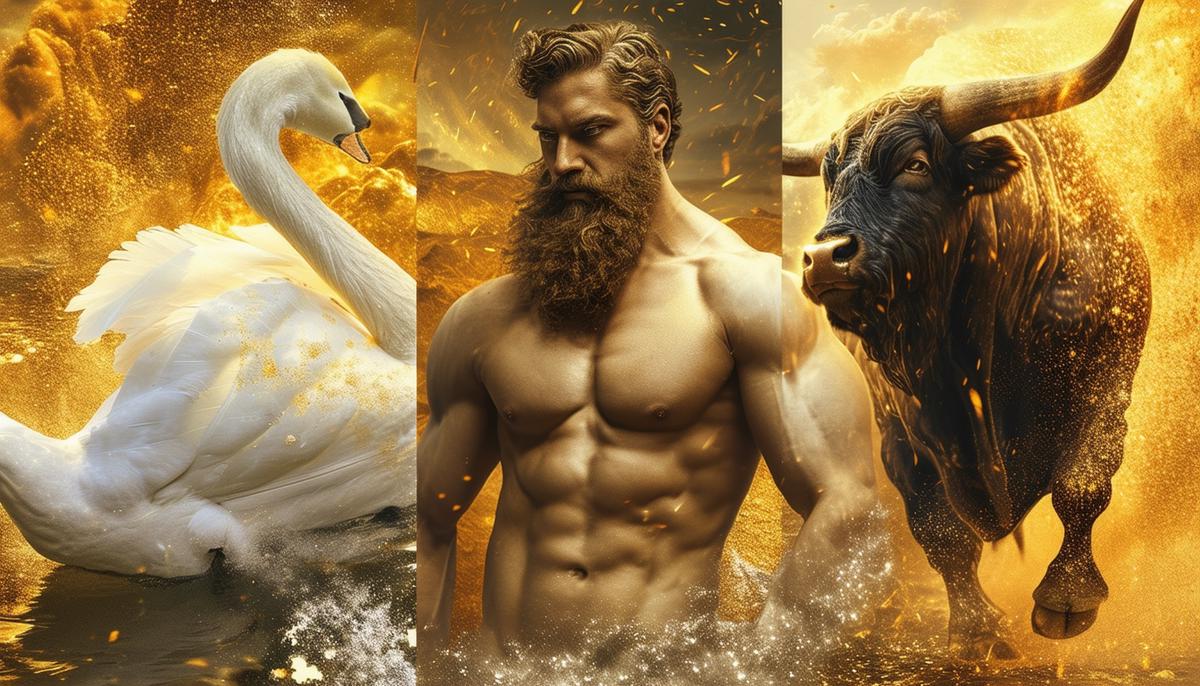 A collage showing Zeus in various transformations including a swan, bull, and shower of gold