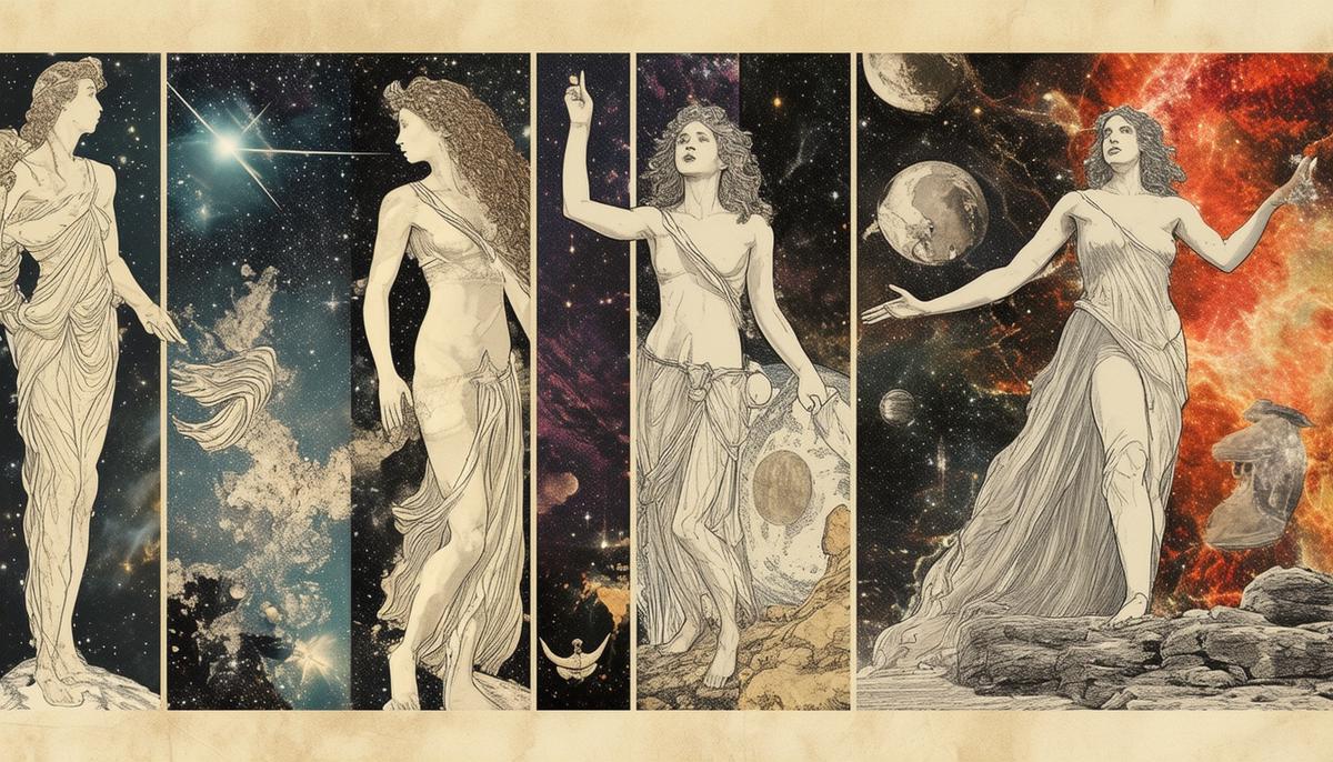 A collage-style illustration showing different interpretations of the Andromeda myth