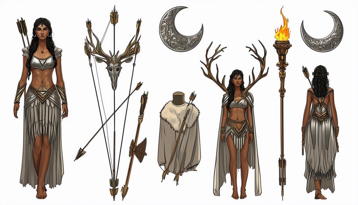 A collection of Artemis' symbols including a silver bow and arrows, knee-length chiton, deer-skin cape, crescent moon crown, and torch