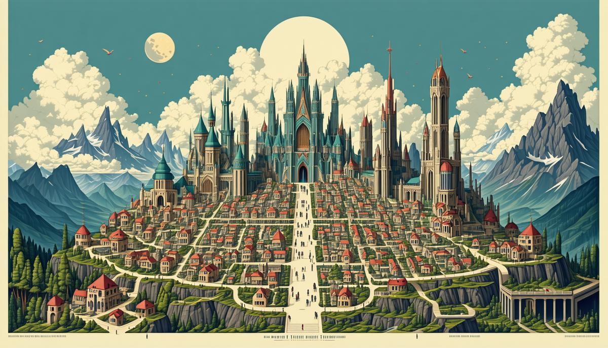 A collection of street signs and business names with mythological references in a modern city setting