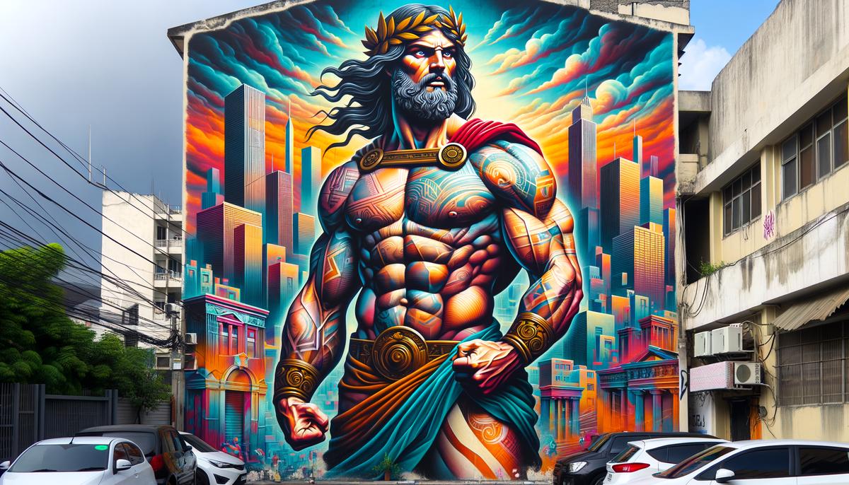 A colorful mural of Hercules standing protectively in front of a modern cityscape